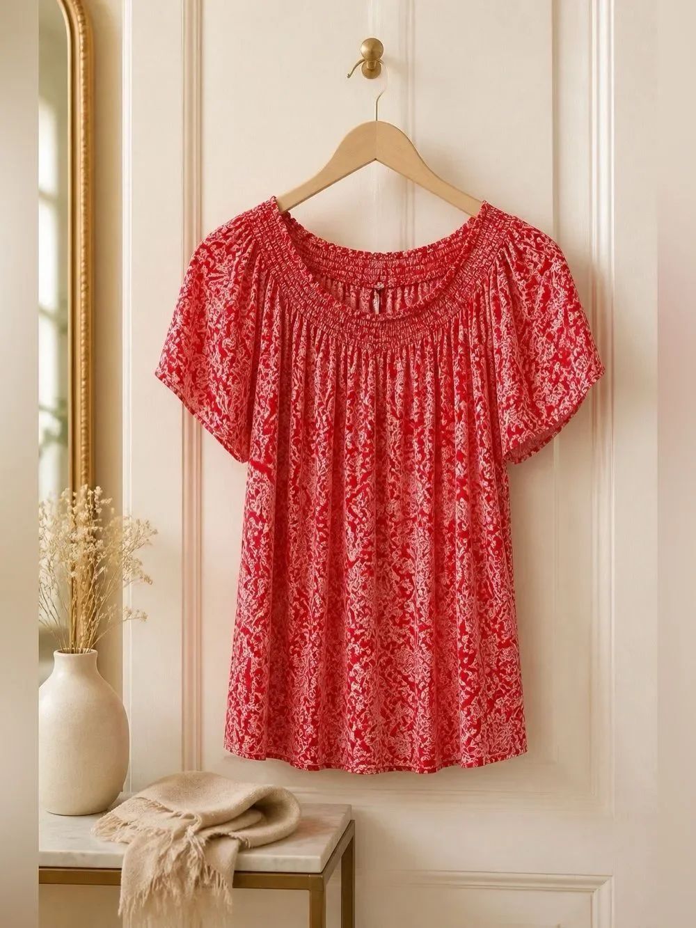 Liz Claiborne Coral Red Smocked Scoop-Neck Tunic